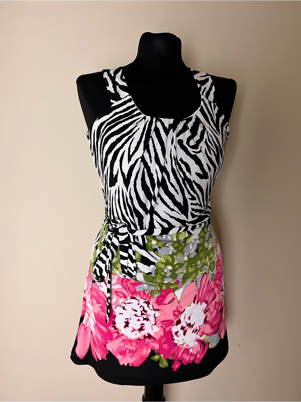 Cache Zebra Print Mini Dress with Pink Floral Hem